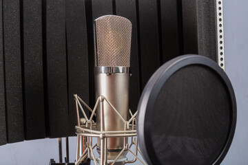 Studio microphone on a holder with a pop filter on a gray background in a recording studio