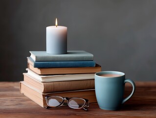 Stack of various books with a lit candle on top, accompanied by a blue mug and reading glasses, creating a cozy and inviting atmosphere for relaxation and reading