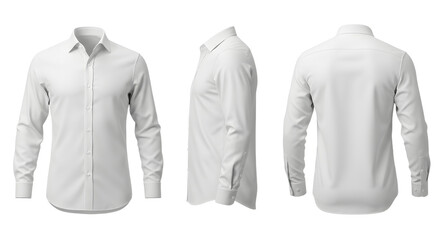 Fototapeta premium A plain white dress shirt displayed from multiple angles, showcasing its design and fit against a neutral background