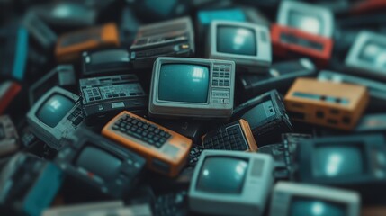 A captivating image featuring a disarray of vintage televisions and electronics, reflecting a nostalgic era of technology with an artistic composition of retro devices.
