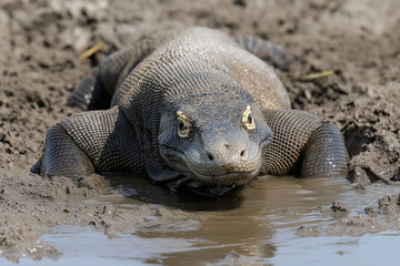 Komodo Dragon in Muddy Water on a Hot Day