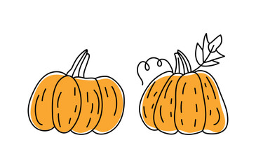Autumn set, agriculture, vegetables, pumpkin. Halloween, Thanksgiving, harvest. Leaf fall. Illustration, drawing, doodle. Background isolated.