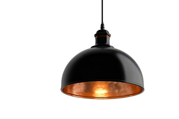 Black pendant lamp with copper interior creates a striking contrast against white background in close-up detail