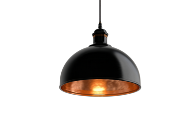 Black pendant lamp with copper interior creates a striking contrast against white background in close-up detail
