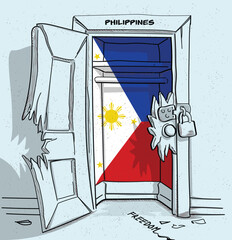 Philippines's path to freedom. A political illustration of a broken but locked door with the national flag. A metaphor for struggle and hope.