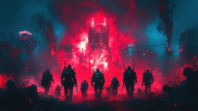post-apocalyptic neon city scene cyber samurai surrounded by zombies and smoke