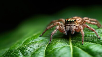 Fototapeta premium This image features a detailed close-up of a spider perched on a vibrant green leaf, showcasing its intricate body structure and shimmering eyes under natural sunlight.