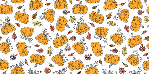 Autumn pattern, agriculture, vegetables, pumpkin, autumn leaves. Halloween, Thanksgiving, harvest. Leaf fall. Illustration, drawing, doodle, seamless background