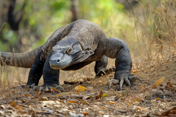 Komodo Dragon Climbing a Leaf-Strewn Forest Slope