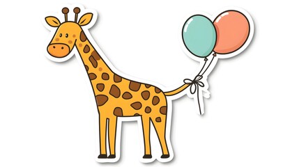 Fototapeta premium Playful Celebration: A Tall Giraffe with Spotty Pattern and Balloons Tied to Its Tail