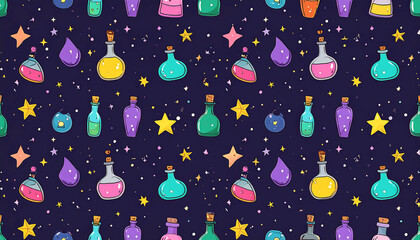 A whimsical, repeating pattern of colorful potion bottles, stars, and droplets against a dark-purple background.  The bottles are various shapes and sizes, filled with vibrant liquids