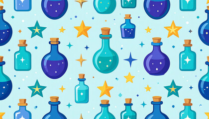 Repeating pattern of various-sized, cork-topped bottles filled with blue liquid speckled with tiny stars, on a light blue background with scattered yellow stars and sparkles