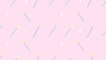 Pastel pink background with a repeating pattern of light teal wands tipped with yellow stars, interspersed with small white stars