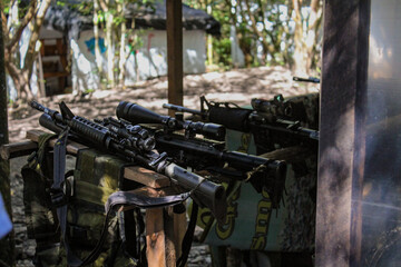 Jungle Scene with Assault Rifle on Table in Cauca, Colombia