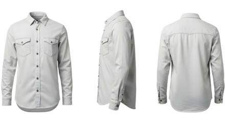 A stylish, white long-sleeve shirt displayed from multiple angles, showcasing its design and texture against a neutral background