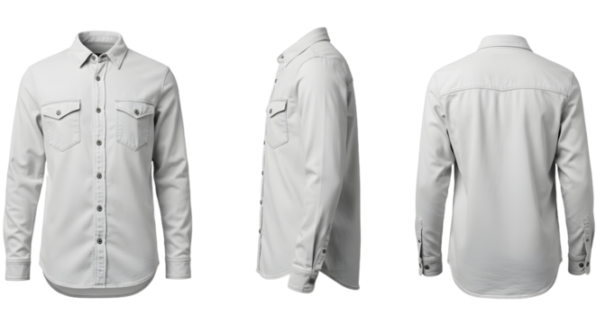 A stylish, white long-sleeve shirt displayed from multiple angles, showcasing its design and texture against a neutral background
