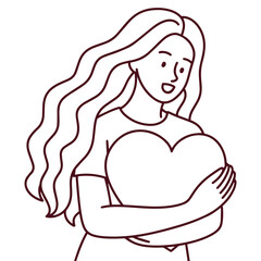 Line drawing of woman with long flowing hair holding heart, soft peaceful emotion in minimal expressive style