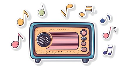 Vibrant Retro Sticker Illustration of a Vintage Radio Emitting Lively Musical Notes