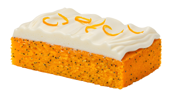 A vibrant orange and white layered cake with poppy seeds, decorated with citrus zest, set against a neutral background - Powered by Adobe