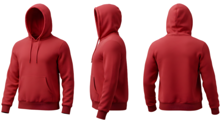 A vibrant red hoodie displayed from three angles, showcasing its design and style, ideal for fashion or apparel marketing