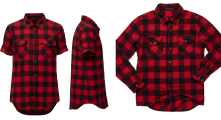 A vibrant red and black checkered shirt displayed from multiple angles, showcasing its design and detailing for fashion enthusiasts