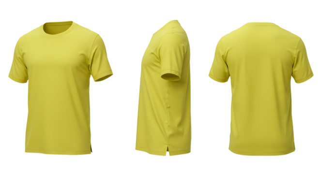 A vibrant yellow t-shirt displayed from multiple angles against a simple background, ideal for apparel marketing