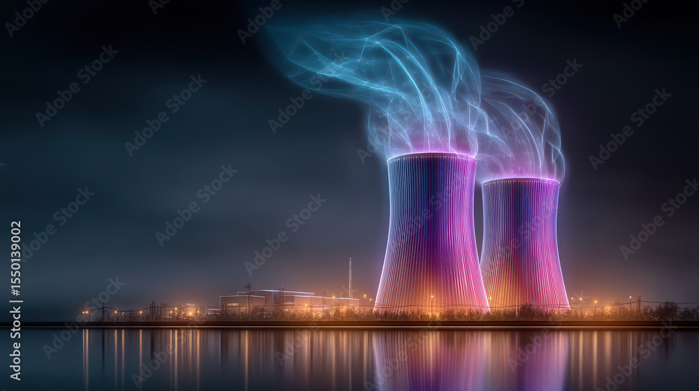 Aufkleber glowing ai algorithms enhance energy efficiency in a nuclear plant at night while ensuring environme
