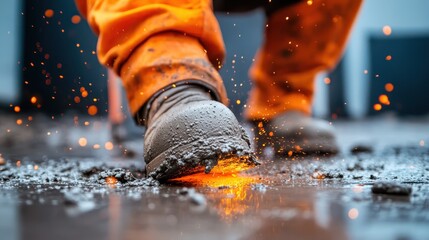This dramatic image captures a worker's boot striking the concrete, causing sparks to fly, showcasing the hard work and intense effort involved in heavy-duty construction tasks.