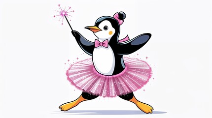 Fototapeta premium Penguin dressed in a pink tutu performing magic with a wand in a whimsical setting