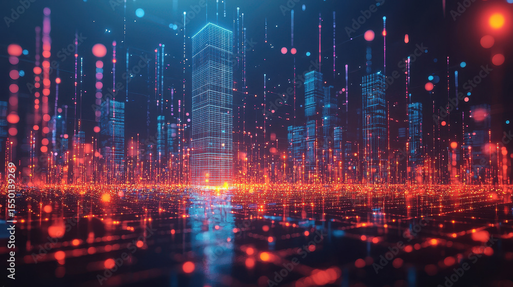 Poster glowing skyscraper-sized ai chip integrates with urban grid, illuminating city with data pulses