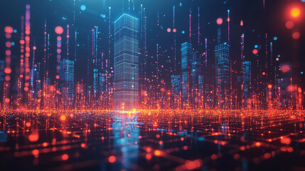 Glowing skyscraper-sized AI chip integrates with urban grid, illuminating city with data pulses