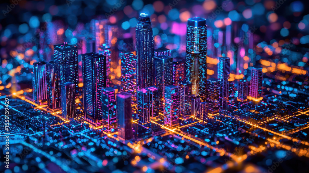 Poster ai chip integrates into city grid, radiating data pulses representing modern computation power