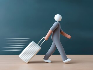 3D illustration of a stylized figure walking with a suitcase, conveying a sense of travel and adventure against a minimalist background with motion blur effects