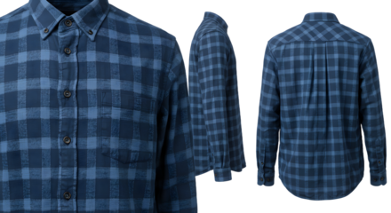 Blue checkered flannel shirt displayed from multiple angles, showcasing its design and fabric texture in a neutral setting