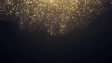 Golden shimmering particles float in darkness. Bright dust and light appear against black background. Abstract glitter overlay footage. - Powered by Adobe