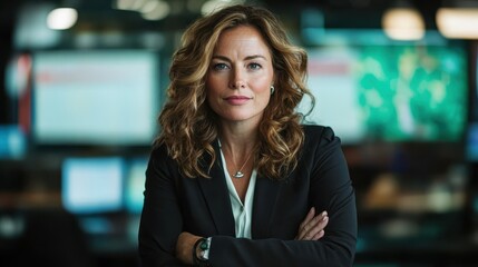 Fototapeta premium A professional woman with curly hair stands confidently with arms crossed in a contemporary office environment, symbolizing strength and leadership in business.