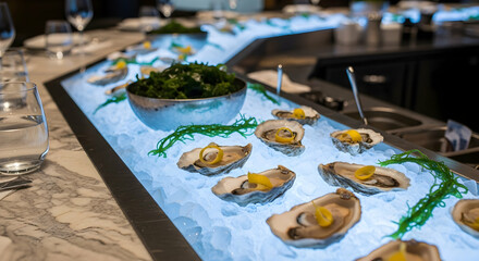 Elegant Oyster Display On Ice At Upscale Seafood Restaurant Counter