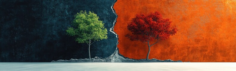 Two trees, contrasting colors, divided by a crack in the wall