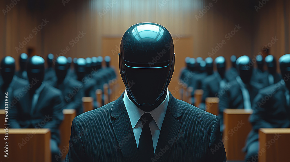 Poster futuristic courtroom with ai judge and invisible marginalized individuals highlighting bias in autom