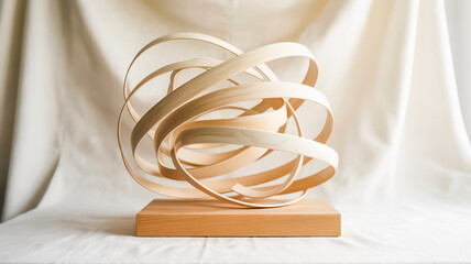 A minimalist abstract sculpture of a twisted ribbon-like form in cream and beige tones, positioned on a light wooden rectangular base