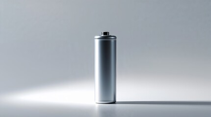 Sleek metallic battery standing upright on a smooth surface illuminated by soft lighting