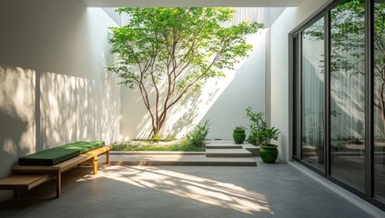 Fototapeta premium Sunlight streams into a modern courtyard garden