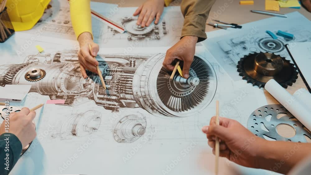 Poster a group of professionals collaborates on engine mechanics in a bright workspace, surrounded by bluep