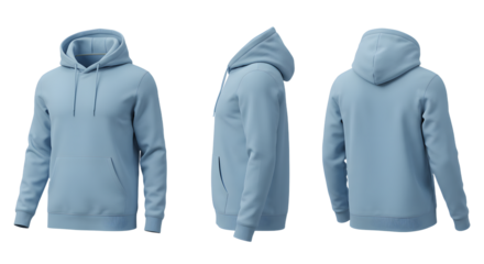 Light blue hoodie displayed from multiple angles, showcasing its design, fabric texture, and casual style