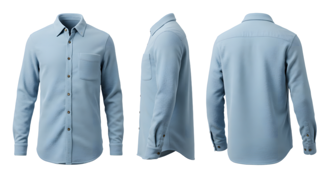 Light blue long-sleeve shirt displayed from multiple angles, highlighting its design and features against a neutral backdrop