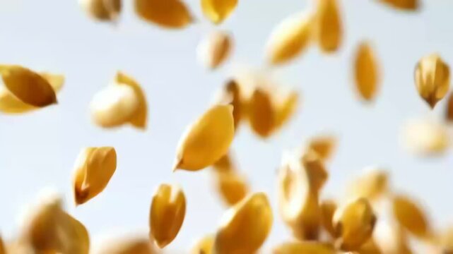 Golden barley or wheat grains falling onto a blurry background
