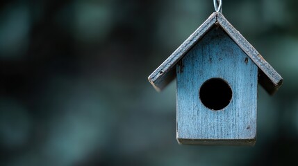 A quaint blue birdhouse hangs against a blurred natural background, representing the essence of home and safety, inviting feathered friends to settle in its cozy embrace.