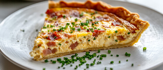 Slice of Quiche Lorraine Topped with Fresh Chives on a White Plate