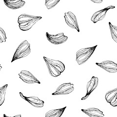 Seamless pattern with flying petals. Flowers petals linear hand drawn vector illustration