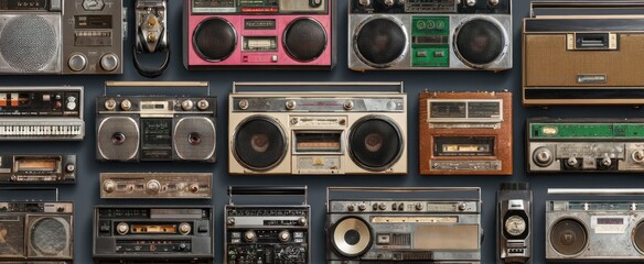 Fototapeta premium The vintage collection of retro radios and boomboxes on display.